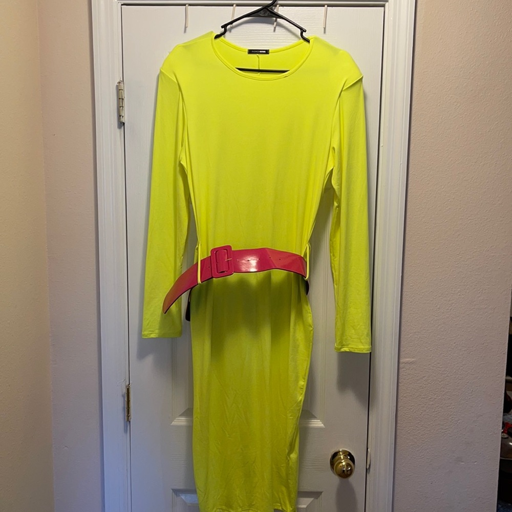 Fashion Nova Lime Green Dress with Hot Pink Belt